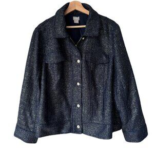 Chico's Sz 4 Metallic Tweed Pearl Button Jacket Navy Blue Gold Woven throughout